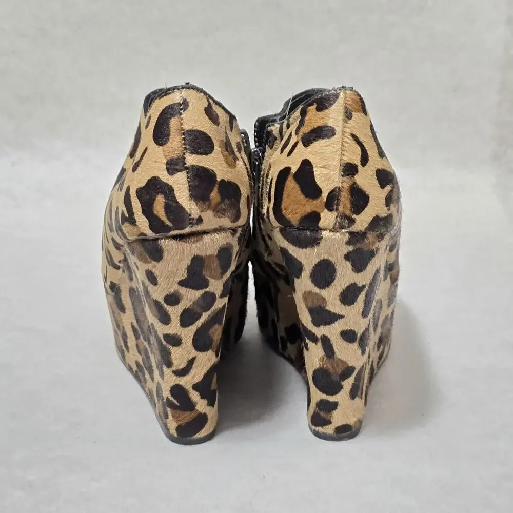 Leopard Print Pony Hair Platform Wedge Booties - Peep Toe - Size 8M